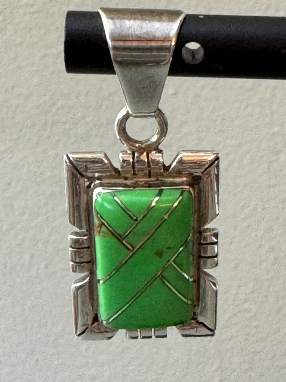 Vintage 925 PB Peyote Bird Green Gaspeite Inlay Pendant Signed PB
